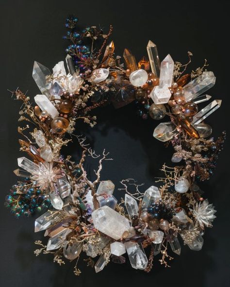 Lady adorns a wreath frame with a variety of polished stones and crystals. The result is spellbinding. Crystal Wreath, Wreath Frame, Craft Board, Moss Art, Elements Of Nature, Seasonal Wreaths, Rocks Crystals, Crafting Materials, Floral Wire