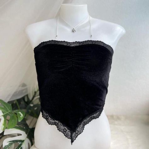 Cute Black Gothic Grunge Velvet Crop Tube Top With... - Depop Crop Tube Top, Top With Lace Trim, Black Punks, Gothic Grunge, Cropped Tube Top, Black Crop Tops, Cute Black, Tube Top, Lace Trim