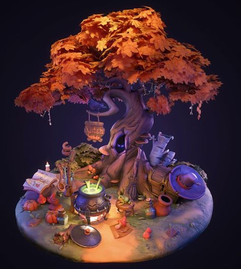 WitchLane by DzmitryDoryn Reflective Objects, Witch Hut, Lights And Shadows, Fantasy Tree, Props Concept, Environment Props, Dragon Rise, Forgotten Realms, Isometric Art