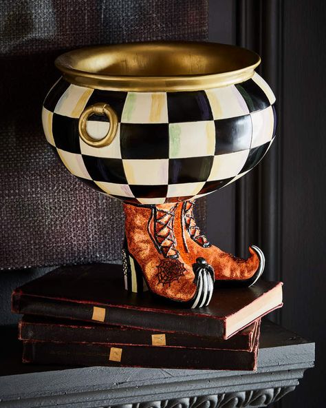 Perfect halloween candy bowl. Mackenzie Childs Courtly Check Cauldron Halloween Candy Bowl Courtly Check jack-o'-lantern collectible. Flameless candle interior. Crafted of poly-resin. affiliate Halloween Candy Bowl, Mckenzie And Childs, Casa Halloween, Witch Boots, Courtly Check, Witches Cauldron, Halloween Kitchen, Small Pumpkins, Halloween Items