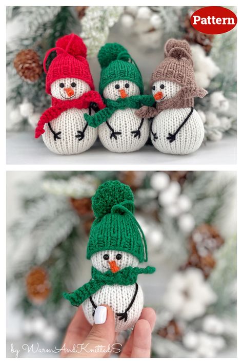 Snowman Christmas Ornament Knitting Pattern Knit Ornament Pattern, Christmas Knitting Projects, Knit Christmas Ornaments, Knitted Christmas Decorations, Mini Snowman, Christmas Knitting Patterns Free, Easy Yarn Crafts, Mini Christmas Stockings, Knit Inspiration