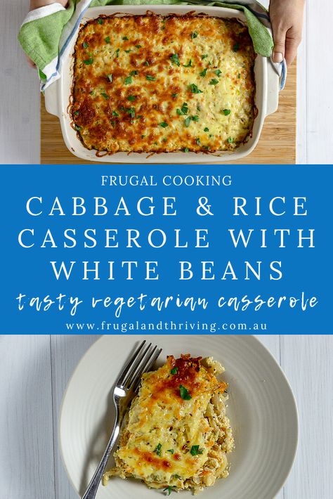 Cabbage and rice casserole is an inexpensive vegetarian dish that is full of flavour. The cannellini beans and brown rice provide lots of fibre, while the cottage cheese is high in protein, making this a filling meal. #frugalmeals #vegetarainmeal Caneloni Beans Recipe, Canned Canelli Bean Recipes, Cannellini Beans And Rice, Meals With Cannellini Beans, Cannelloni Beans, Homemade Cottage Cheese, Frugal Cooking, Cabbage Rice, Cabbage Casserole