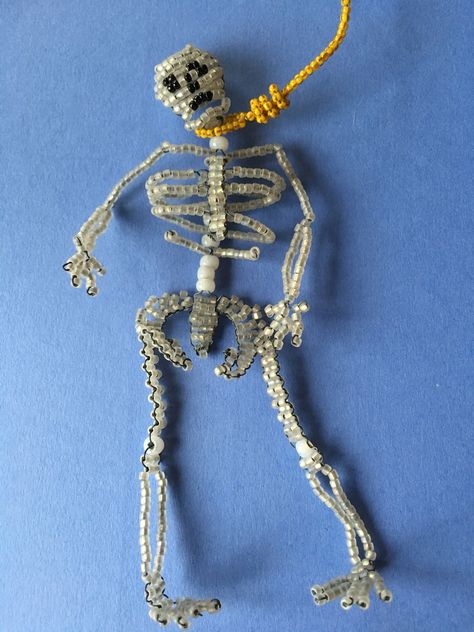 Beaded skeleton Sequin Ideas Crafts, Pony Bead Skeleton, Bead Skeleton, Beaded Skeleton, Perler Beads Skeleton, Perler Bead Patterns Skeleton, Bead Skeleton Pattern, Seed Bead Sculpture, Beaded Belts Patterns