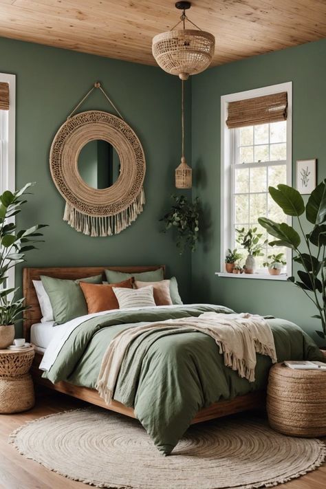 House Decor Colour Schemes, Sage Bedding Bedroom Ideas, Boho Bedroom With Daybed, Bohemian Bedroom Paint Ideas, Boho Green Paint Colors, Emerald Green Boho Bedroom, Sage Walls Bedroom, Green Bedroom Color Palette, Forest Green Bedroom Ideas