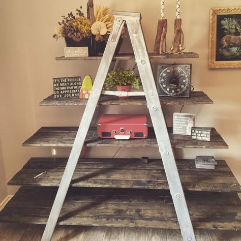 17 Cheap Tricks That'll Help You Get the Kitchen of Your Dreams | Hometalk Wooden Ladder Ideas, Old Ladder Ideas, Upcycle Ladder, Diy Display Shelf, Hanging Garage Shelves, Repurposed Ladders, Old Wooden Ladders, Wooden Ladders, Hanging Rope Shelves