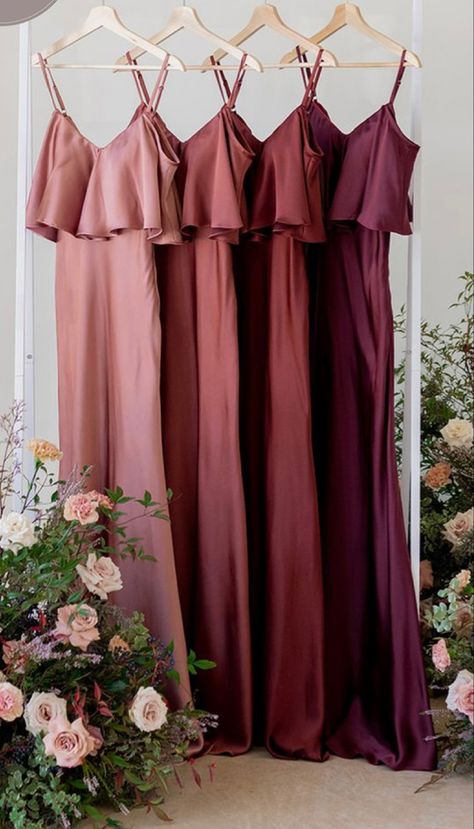 Berry Bridesmaid Dresses, Bridesmaid Dress Color Schemes, Midi Satin Dress, Floral Bridesmaids, Wine Bridesmaid Dresses, Classic Gown, Dusty Pink Bridesmaid Dresses, Mauve Bridesmaid, Mauve Bridesmaid Dress