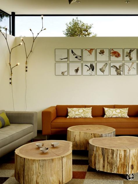 (Art work idea and lamps) Architect is In, Neal Schwartz, Schwartz and Architecture, house in Sonoma, Lindsey Adelman DIY, Andrew Zuckerman Bird, cypress trunk coffee table on castors, Remodelista Diy Home Decor For Apartments, Grey Sofa Living Room, Diy Rustic Decor, Coffee Table Trunk, Interior Design Diy, Interior Design Art, Diy Interior, Living Room Grey, A Living Room