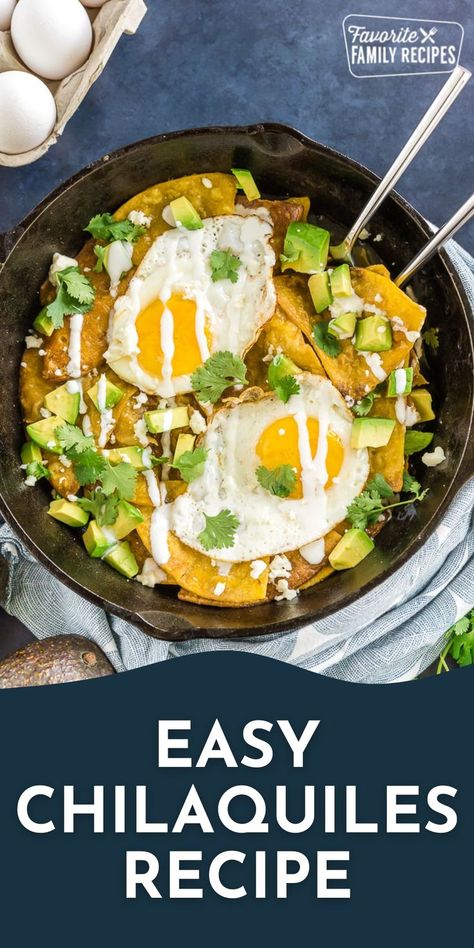 This Easy Chilaquiles Recipe makes a great meal on Cinco de Mayo, or anytime you are craving something tasty with lots of Mexican flavors! Chilaquiles are a traditional Mexican dish, popular for breakfast but delicious enough to enjoy at lunch or dinner as well. Chilaquiles only takes 30 minutes to make using 5 simple ingredients. Chilaquiles Verdes Recipe, Easy Chilaquiles Recipe, Easy Chilaquiles, Breakfast Chilaquiles, Easy Lunch Box Recipes, Chilaquiles Recipe, Traditional Mexican Dishes, Mexican Breakfast, Mexican Dish