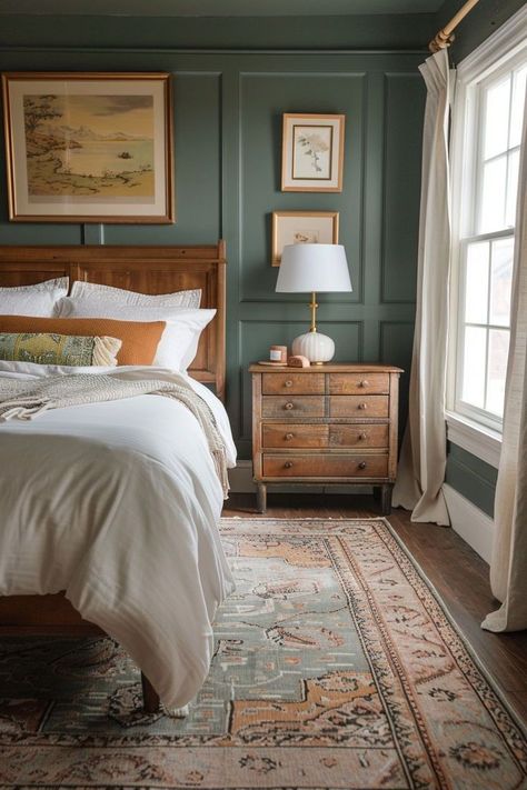 Transform your space with a bedroom refresh. Discover ideas and tips for updating decor, improving comfort, and creating a serene, stylish retreat Traditional Green Bedroom, Cozy Traditional Bedroom, Earthy Tones Bedroom, Rustic Bedroom Colors, Earthy Bedroom Aesthetic, Craftsman Bedroom, Cozy Earthy Bedroom, Classical Bedroom, Provincial Decor