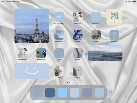 Ipad Homescreen Ideas Light Blue, Aesthetic Ipad Setup Blue, Ipad Blue Aesthetic, Ipad Blue, Ipad Homescreen Ideas Blue, Ipad Setup Aesthetic, Ipad Set Up, Ipad Lockscreen, Ipad Organizer