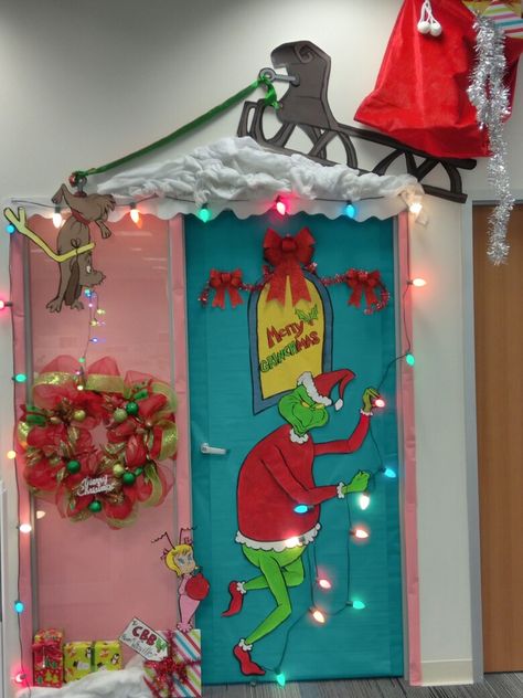 Hand painted Christmas door decor #thegrinch #merrygrinchmas #doordecor #christmasdoor Grinch Door Decorations, Grinch Classroom, Grinch Door, Christmas Door Ideas, Christmas Hallway, Door Decorations Classroom Christmas, Christmas Door Decorating, Holiday Door Decorations, Christmas Doors