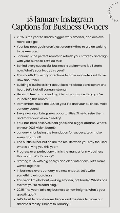 Start 2025 strong with these 18 Instagram caption ideas tailored for business owners! Whether you're setting bold goals, sharing your vision board, or refreshing your social media content strategy, these captions are designed to engage your audience & spark meaningful connections. Use them to boost your content game & inspire your followers. Save these ideas to keep your social media fresh, relevant & impactful all month long #captionideas #januarycaptions #aestheticcaptions #instagramcaptions Content Ideas Small Business, Rebranding Announcement Caption, Small Business Instagram Captions, Hair Business Ideas Social Media, Pov Ideas Caption, Small Business Motivation Quotes, Small Business Captions, January Captions, Small Business Instagram Story