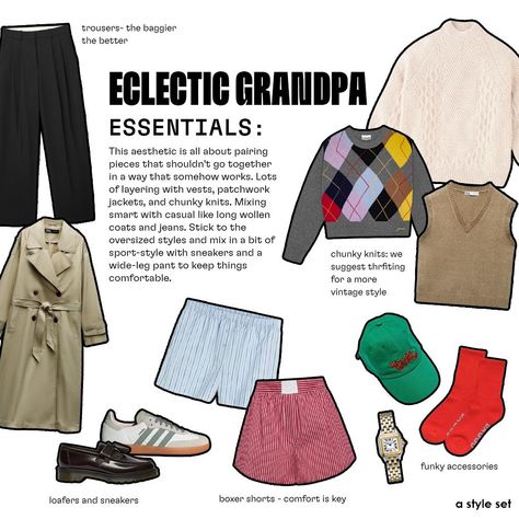 eclectic grandpa essentials 🪩📞🕺🏼🍒 thoughts on this aesthetic? This aesthetic is all about pairing pieces that shouldn't go together in a way that somehow works. Lots of layering with vests, patchwork jackets, and chunky knits. Mixing smart with casual like long wollen coats and jeans. Stick to the oversized styles and mix in a bit of sport-style with sneakers and a wide-leg pant to keep things comfortable. #eclecticgrandpa #outfitinspo Eclectic Grandpa Outfits, Eclectic Grandpa Outfit, Eclectic Grandpa Aesthetic, Grandpa Aesthetic, Grandpa Fashion, Grandpa Outfit, Eclectic Outfits, Eclectic Grandpa, Wide Leg Pants Outfit