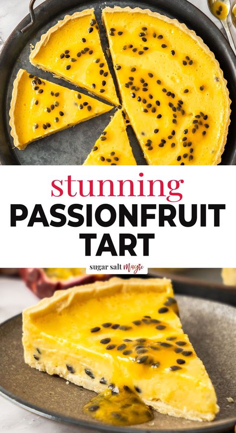 This passion fruit tart, with it’s crisp tart shell and easy passionfruit curd custard filling tastes as good as it sounds. It’s all kinds of tropical dessert bliss. This passion fruit tart is what tropical dreams are made of. Creamy passionfruit filling, in the most perfect shortcrust pastry tart crust. Beautiful and summery and it can't help but make you smile. It's somewhat ironic that I was photographing this gorgeous sunny looking tart in the midst of a solar eclipse. Passion Fruit Layer Cake, Passionfruit Tart Recipe, Passion Fruit Tart Recipe, Passionfruit Dessert Recipes, Passion Fruit Curd Recipe, Passion Fruit Cheesecake Recipe, Recipes With Passion Fruit, Dessert Tart Recipes, Passion Fruit Filling