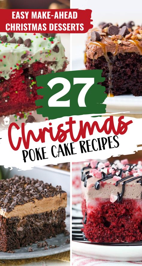 Poke cakes are the way to go when you have a Christmas party to attend. These Easy Christmas Poke Cake Recipes are just the thing to make when going to a holiday party. Mostly made with boxed cake mix and a few simple ingredients it’s sure to be a crowd favorite. Easy Christmas Dump Cake, Fruit Poke Cake, Christmas Lush Dessert, Christmas Layered Dessert, Cranberry Poke Cake Recipes, Holiday Poke Cakes, Christmas Pies And Cakes, Holiday Bundt Cake Recipes, Mini Cakes Christmas