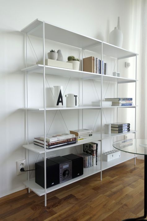 White airy shelf. White Metal Shelving, White Metal Shelf, Elfa Shelving, Metal Living Room, Fun Furniture, Library Wall, Small Space Organization, White Shelves, Large Shelves