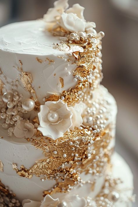 Wedding Cake Gold Leaf, Brown Wedding Cakes, Glamorous Wedding Cakes, Luxury Wedding Cake Design, Pearl Wedding Cake, Golden Wedding Cake, White And Gold Wedding Cake, Metallic Wedding Cakes, Geode Cake Wedding