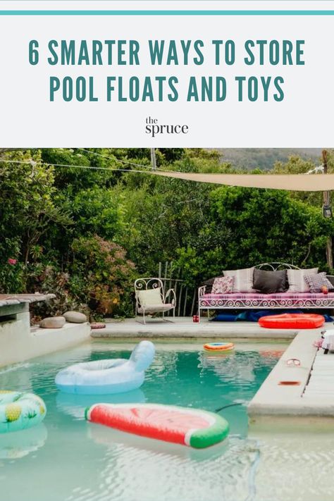 Need a place to rest towels and pool toys? We've got you covered with these storage ideas you can use by the pool. Pool Toys Storage Ideas, Pool Organization Ideas, Pool Toy Storage Ideas, Pool Towel Storage Ideas, Pool Float Storage Ideas, Pool Storage Ideas, Pool Toy Organization, Pool Towel Storage, Float Storage