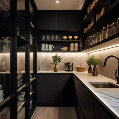 21 Butler Pantry Ideas You Will Adore – Rhythm of the Home Black Butlers Pantry, Butlers Pantry With Sink, Moody Pantry, Butler Pantry Decor, Butlers Pantry Ideas Layout, Butler Pantry Ideas, Butlers Kitchen, Black Pantry, Kitchen With Butlers Pantry