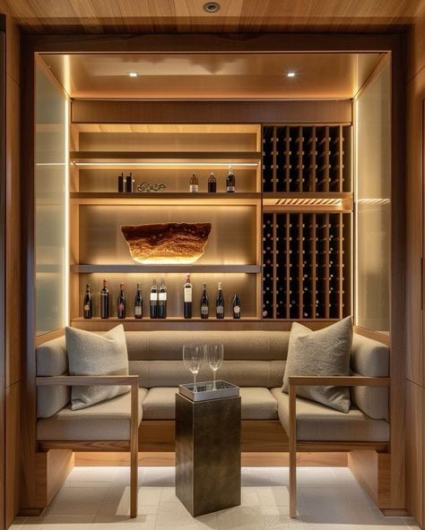 Wine And Cheese Bar Interior Design, Wine Room Inspiration, Wine Lounge Design, Wine Cellar Living Room, Wine Cellar With Bar, Bar Millwork Design, Bar Sitting Area In Home Modern, Modern Minimalist Bar Design, Dry Bar In Living Room Ideas