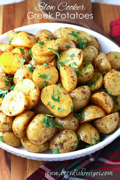 Slow Cooker Party Food, Lemon Roasted Potatoes, Greek Lemon Potatoes, Greek Potatoes, Gold Potatoes, Lemon Potatoes, Greek Seasoning, Yukon Gold, True Food