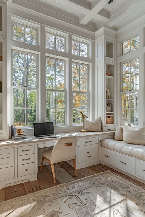 Small Office Large Desk, Sunroom With Office Space, 4 Season Room Office, Work Bedroom Home Office, Home Office And Art Room, Small Office Addition To House, Sunroom Office Decorating Ideas, Window Facing Desk, Home Office With Windows On Two Walls