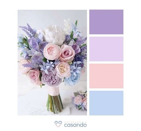 Light Blue Purple And Pink Wedding, Purple Spring Wedding Colors, Wedding Flower Inspiration Color Schemes, Purple Pink Blue Wedding Theme, Pink Purple And Blue Wedding Colors, Pastel Pink And Purple Wedding Theme, Lavender Pink And Blue Wedding, Pink Blue And Purple Wedding Theme, Blue And Purple Themed Wedding