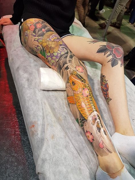 Irezumi Leg Sleeve, Japanese Irezumi, Japanese Leg Tattoo, Full Leg Tattoos, Full Tattoo, Tattoos For Women Half Sleeve, Koi Fish Tattoo, Irezumi Tattoos, Full Body Tattoo