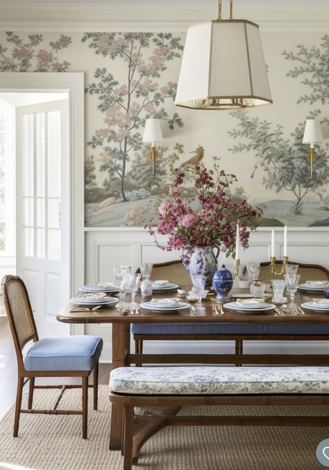 Feng Shui Dining Room, Cottage Dining Rooms, Colonial Interior, Classic Dining Room, Dining Room Wallpaper, Grand Millennial, Interior Design Per La Casa, Farmhouse Interior Design, Muebles Living