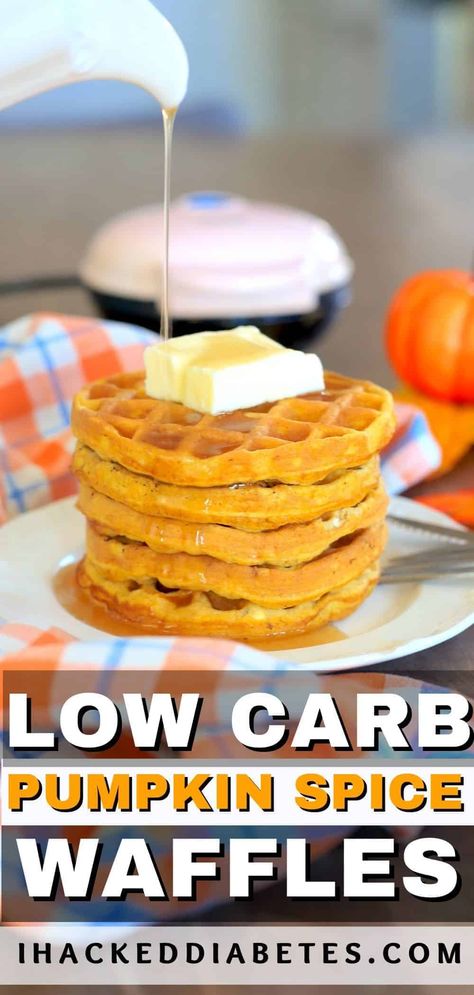 These Low Carb Pumpkin Spice Waffles are slightly sweet with a hint of pumpkin spice and are easily made with just 6 simple ingredients. Giving you that comfort fall feeling you have been craving with these fluffy waffles. #lowcarb #keto #sugarfree #pumpkin Keto Pumpkin Waffles, Sugar Free Waffles, Pumpkin Waffles Recipe, Pumpkin Spice Waffles, Low Calorie Vegan, Dessert Waffles, Fall Feeling, Waffle Ingredients, Fluffy Waffles