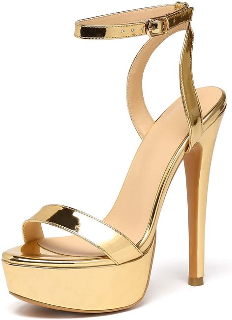 Gold Heels Prom, Platform Sandals Outfit, Black Heels Prom, Gold Sandals Heels, Gold Platform Heels, Gold Stiletto Heels, Metallic High Heels, Homecoming Shoes, Buckle Dress