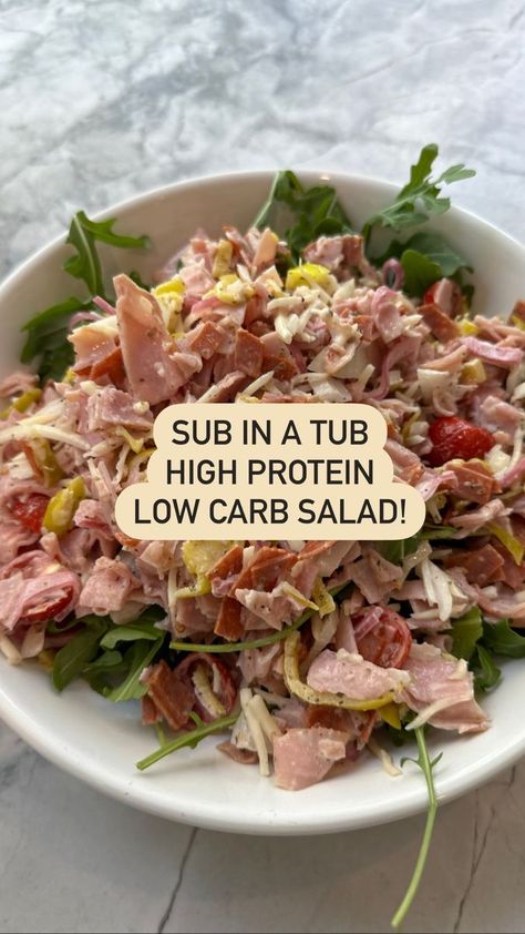 29K views · 1.2K reactions | This chopped salad is so easy, so yummy, under 500 calories and over 40g protein! Its a sub in a tub! Be sure to save this one for later 1 tbsp mayo 2 tbsp red wine vinegar Italian seasoning Add to bowl and mix Then add ¼ of a medium red or white onion, chopped 10 cherry tomatoes, chopped 17 slices turkey pepperoni, chopped 6 oz ham, chopped ¼ cup low fat shredded mozzarella cheese 12 pieces sliced pepperoncini, chopped Mix and serve over a bed of lettuce or arugula. Makes one serving Each serving provides 440 calories 28g fat 9g carbs 4g fiber 43g protein #mealprep #healthyfood #highprotein #lowcarb | Amanda Nighbert, Registered Dietitian | Double A-Ron · Hustlin' Turkey Chopped Salad, Chopped Sub In A Tub, High Protein Sub In A Tub, Subs In A Tub, High Protein Chopped Salad, Chopped Sub Salad, Sub In A Tub Salad Healthy, Sub In A Tub Salad Bowls, Amanda Nighbert Recipes