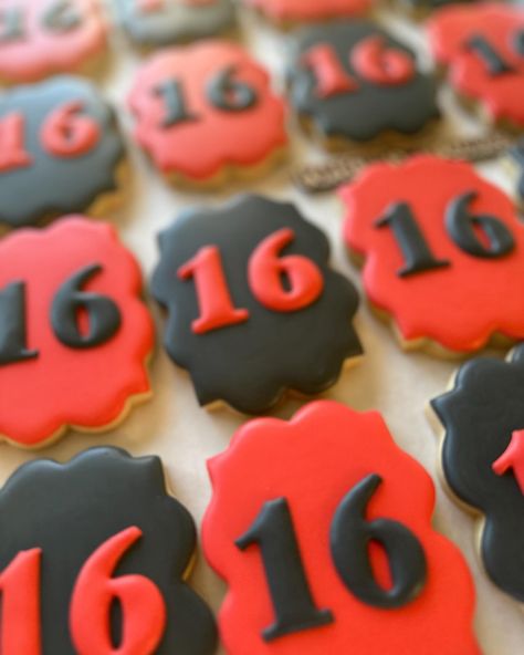 Just some simple birthday cookies to celebrate a special birthday!! #denver #denvercolorado #customcookies #coloradocustomcookies #decoratedsugarcookies #partytreats #northglenncolorado #thorntoncolorado #arvadacolorado #westminstercolorado #denverbusiness #coloradoevents #birthdaycookies #royalicingcookies Red And Black Cookies, Simple Birthday Cookies, Sugar Cookie Designs, Decorated Sugar Cookies, Simple Birthday, Sweet Cookies, Cookies Decorated, Party Treats, Icing Cookies