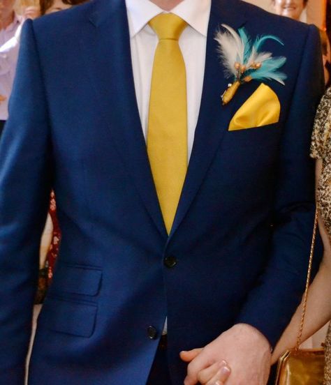 Blue Suit Yellow Tie Wedding, Navy Blue Suit With Yellow Tie, Wedding Suits Groom Turquoise, Royal Blue Yellow Wedding, Blue Suit With Yellow Tie, Gold Tie Wedding, Blue Suit Yellow Tie, Blue And Yellow Suit, Black Suit Blue Shirt