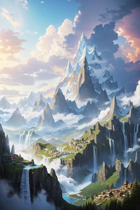 AI Art Dragon Landscape Fantasy World, Fantasy World Inspiration Scenery, Fantasy Biomes, Fantasy World Landscapes, Dnd Screen, Family Conflict, Fantasy Stuff, Mountain Valley, Castle Hotel