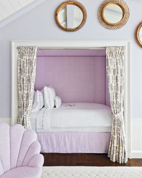 Maine Attraction - A fabric-lined alcove bed is the perfect way to add extra sleeping accommodation to this expansive cottage in Maine, decorated by the English interior designer @ninacampbellltd. The homeowners' love of purple is resplendent throughout the space in shades of lilac, mauve and lavender, which looks great in this little nook. . Photography by @paulraeside . See more clever alcove bedrooms ideas at the link in bio. . #homesandgardens #bedroom #cabin Queen Bed Nook, Alcove Bed, Shades Of Lilac, Bedroom 2024, Bed Nook, English Interior, Bedroom Cabin, Bedrooms Ideas, Girl Beds