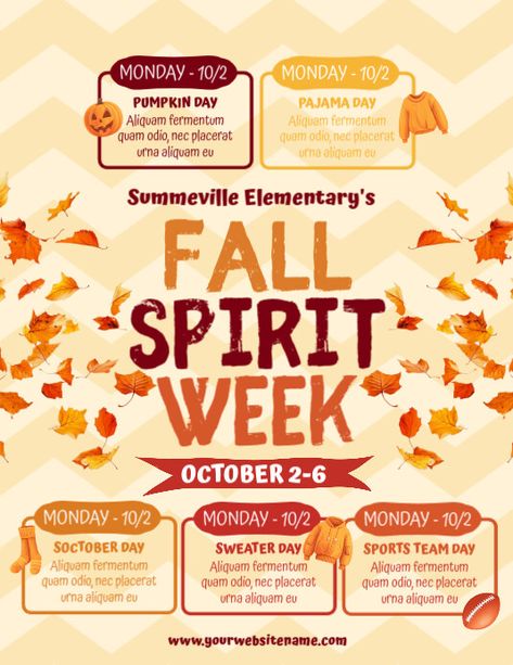 Yellow List-based Fall Spirit Week Flyer (us Letter) Spirit Week Flyer Template, Fall Spirit Week, Thanksgiving Spirit Week, Spirit Week Flyer, Photoshop Flyer, Linkedin Background Image, Linkedin Background, Flyers Design, Kindle Book Cover