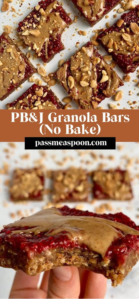 This pbj granola bar recipe is far from your average granola bar.  This healthy snack is filled with protein to keep you full, flavors that will make you happy, and ingredients you can feel good about.  They are gluten free, refined sugar free, and have a vegan friendly option. Granola Bars No Bake, Sugar Free Granola Bars, Nut Free Granola Bars, High Protein Granola, Vegan Granola Bars, Protein Granola Bars, Granola Bar Recipe, Chocolate Fudge Cookies, Berry Oatmeal