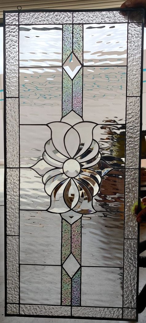 "This \"San Marcos\" Clear Beveled & Textured Geometric Stained Glass Window Panel is 14w X 32h, and hand-made inch by inch in our studio. We can customize this panel to any size, colors and shape of your choice. This panel is made with the highest quality stained glass and a very high grade lead/tin mixture that we use to bind our panels together, making the panel stronger, sturdy and more durable. You can use this panel as an interior décor, hangings, partition and dividers, at home, as transo Modern Window Grill, Inch By Inch, Beveled Glass Doors, Leadlight Windows, Glass Room Divider, Modern Stained Glass, Stained Glass Door, Moon Designs, Glass Window Art