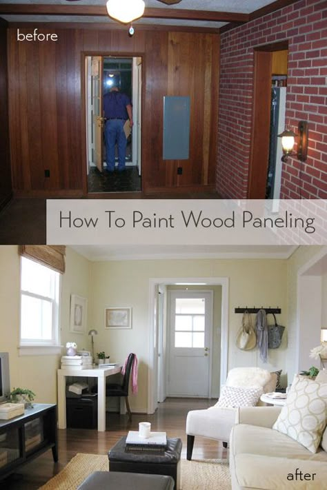 How To Paint Wood Paneling | Young House Love Dark Wood Paneling Walls, Wood Paneling Walls, Paint Over Wood Paneling, Paint Wood Paneling, Painting Paneling, Dark Wood Paneling, Paneling Walls, Wood Paneling Makeover, Paneling Makeover