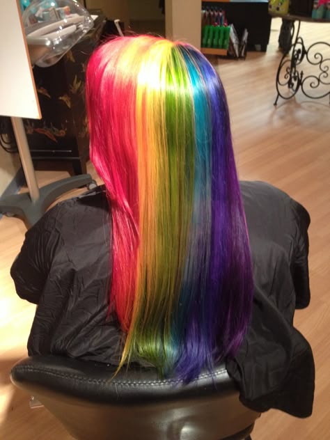 Rainbow hair color, gay pride colors, fun color Rainbow Hair Aesthetic, Rainbow Dash Hair, Rainbow Hair Dye, Cool Hair Colours, Mlp Hair, Blue Hair And Pronouns, Hair Inspo Ideas, Fun Hair Colors, Red Jeans Outfit