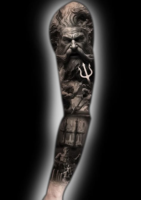 Zues Hades Poseidon Tattoo, Poseidon Full Sleeve Tattoo, Poseidon Tattoo Ideas, Unique Greek Mythology Tattoos, Greek Mythology Gods Tattoos, Ancient Greek Tattoo Sleeve, Leonidas Tattoo Design, Zeus Poseidon Hades Tattoo, Poseidon Tattoo Design Greek Mythology