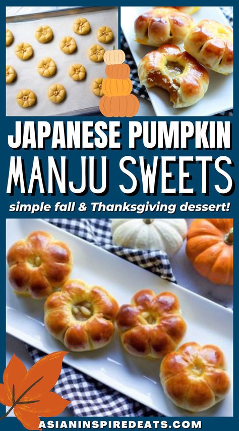 a serving platter topped with baked pastries filled with a sweet orange pumpkin filling Using Pumpkin Puree, Manju Recipe, Japanese Pumpkin, Sugar Cookies From Scratch, Sweet Red Bean Paste, Sweet Red Bean, Mini Pumpkin Pies, Christmas Dinner Menu, Easy Autumn Recipes