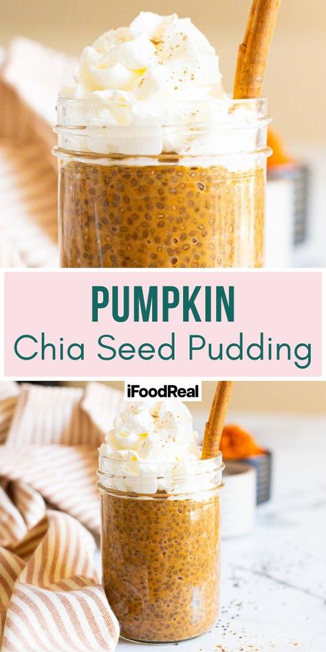 Pumpkin Chia Pudding - iFoodReal.com Pumpkin Chia Pudding, Chia Pudding Recipes Healthy, Overnight Chia Pudding, Vanilla Chia Pudding, What Is Healthy Food, Chia Seed Recipes Pudding, Chia Recipe, Perfect Healthy Breakfast, Pumpkin Pudding