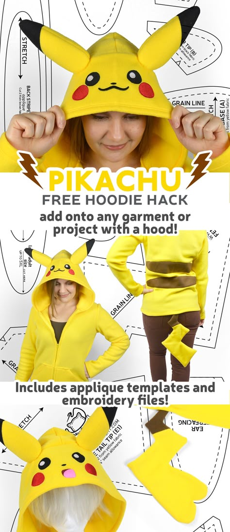 Free Pattern Friday! Pikachu Hoodie Hack – Choly Knight Pikachu Costume Kids, Pikachu Mask, Choly Knight, Pokémon Crafts, Pikachu Costume, Pikachu Hoodie, Wardrobe Diy, Hoodie Sewing Pattern, Pokemon Diy