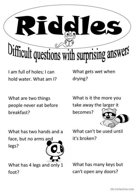 The worksheet contains eight basic English riddles with an answer sheet on the second page. It can be used as a warm up activity that is fun yet challenging. I certainly didn't know most of the answers without the key! All eight riddles are from http://eslmobi.com/3i/a_riddles.htm . I simply chose the riddles from the site and formatted it in Microsoft Word. Middle School Riddles, School Riddles, Riddle Questions, Teaching Nouns, Challenging Riddles, English Riddles, Esl Ideas, Daily Questions, Brain Teasers Riddles