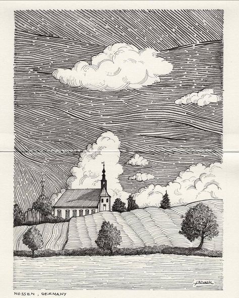 Fineliner Art, Pen Art Work, 동화 삽화, Black And White Illustrations, Pen Art Drawings, Landscape Sketch, Arte Sketchbook, Pencil Art Drawings, Landscape Drawings