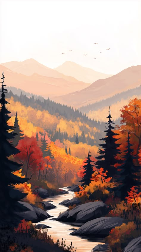 Autumn Mountain Aesthetic, Fall Landscape Drawing, Fall Mountain Wallpaper, Cozy Autumn Aesthetic Wallpaper, Cozy Phone Wallpaper, Hk Background, Autumn Lockscreen, Screen Skin, Fall Digital Art