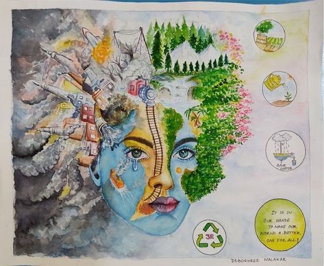 Ecosystem Restoration Poster, Ecosystem Poster, Earth Art Drawing, Mother Earth Drawing, Ecosystem Restoration, Illustration Design Poster, Earth Day Drawing, Art Competition Ideas, Book Art Projects