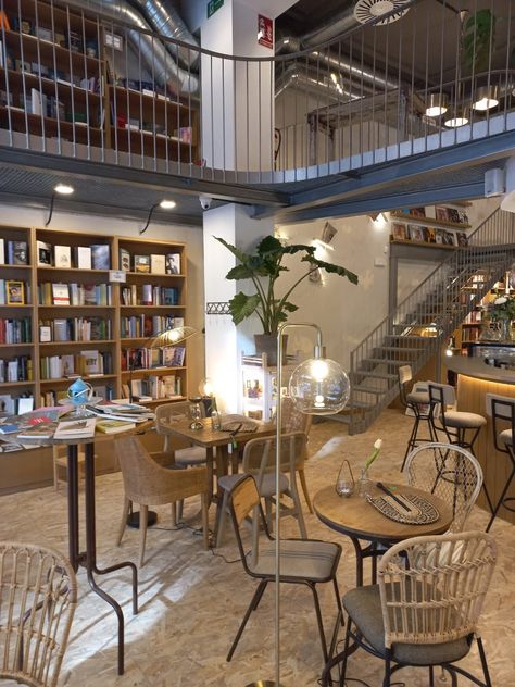 Coffee Shop Library Design, Coffee And Library Shop, Two Story Coffee Shop, Bookshop Cafe Design, Book Store Cafe Aesthetic, Book Store And Coffee Shop, Cafe Bookstore Interior Design, Bookstore With Cafe, Library And Coffee Shop